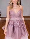 A-line V-neck Tulle Short/Mini Homecoming Dresses With Lace #Favs020110781