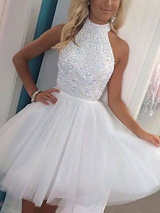 A-line High Neck Tulle Short/Mini Sashes / Ribbons Homecoming Dresses #Favs020102515