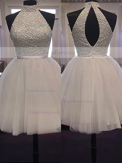 A-line High Neck Tulle Short/Mini Sashes / Ribbons Homecoming Dresses #Favs020102515