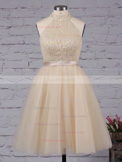 A-line High Neck Tulle Short/Mini Sashes / Ribbons Homecoming Dresses #Favs020102515