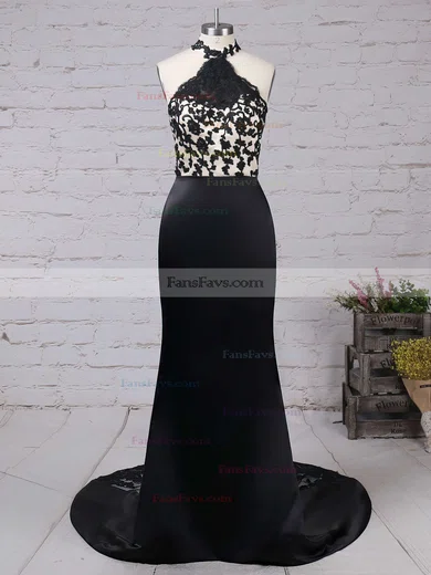 Trumpet/Mermaid Halter Silk-like Satin Sweep Train Beading Prom Dresses #Favs020104514