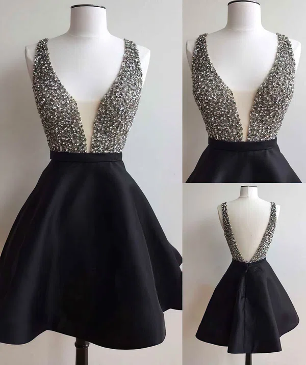 Sexy A-line V-neck Satin Tulle Short/Mini Crystal Detailing Black Homecoming Dresses #Favs020102517