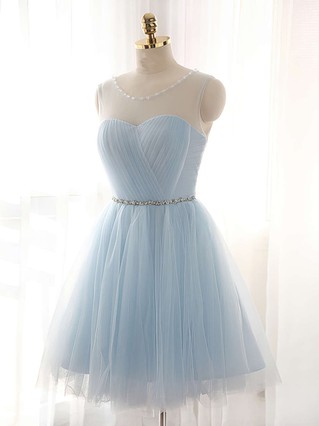 A-line Scoop Neck Tulle Short/Mini Beading Prom Dresses #Favs020102518