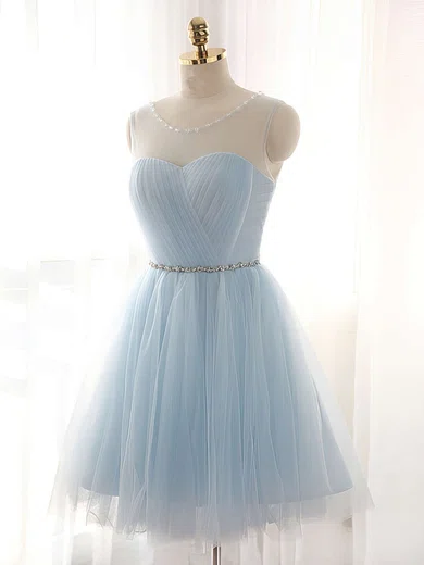 A-line Scoop Neck Tulle Short/Mini Beading Prom Dresses #Favs020102518