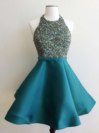 A-line Halter Satin Short/Mini Beading Prom Dresses #Favs020102519