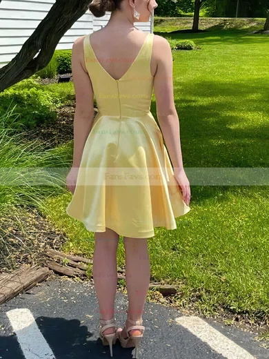 A-line V-neck Satin Short/Mini Homecoming Dresses With Tiered #Favs020110825
