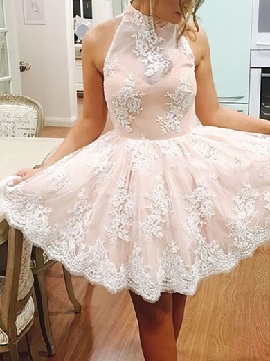 A-line High Neck Tulle Short/Mini Appliques Lace Prom Dresses #Favs020102525