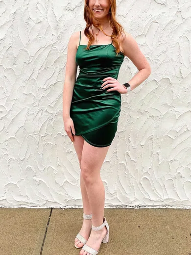 Sheath/Column Square Neckline Silk-like Satin Short/Mini Homecoming Dresses With Split Front #Favs020110839