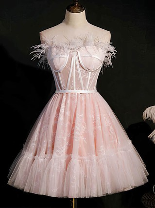 A-line Strapless Lace Tulle Knee-length Homecoming Dresses #Favs020110848 A-line Strapless Lace Tulle Knee-length Homecoming Dresses #Favs020110848