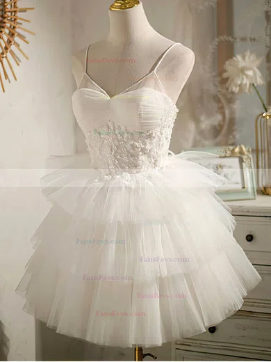 A-line V-neck Tulle Knee-length Homecoming Dresses With Beading #Favs020110849