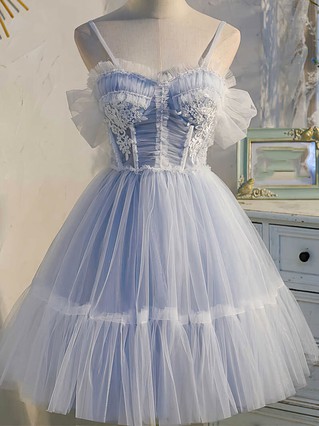 A-line V-neck Tulle Tea-length Homecoming Dresses With Appliques Lace #Favs020110850 A-line V-neck Tulle Tea-length Homecoming Dresses With Appliques Lace #Favs020110850