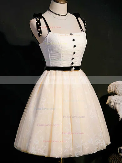 A-line V-neck Lace Tulle Knee-length Homecoming Dresses With Beading #Favs020110851