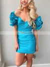 Sheath/Column Off-the-shoulder Silk-like Satin Short/Mini Homecoming Dresses With Flower(s) #Favs020110857