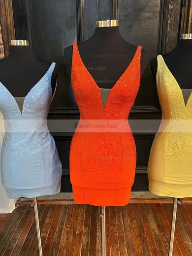 Sheath/Column V-neck Silk-like Satin Short/Mini Homecoming Dresses With Beading #Favs020110884