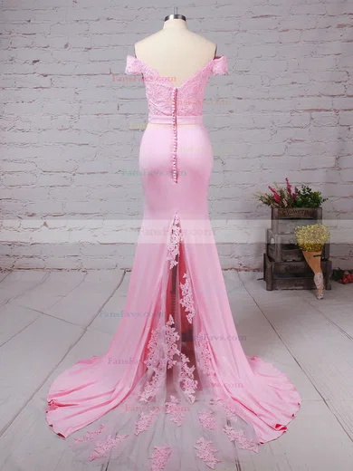 Trumpet/Mermaid Off-the-shoulder Jersey Sweep Train Appliques Lace Prom Dresses #Favs020104517