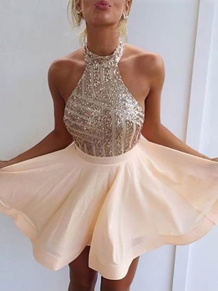 Casual A-line Halter Chiffon Short/Mini Sequins Backless Homecoming Dresses #Favs020102557