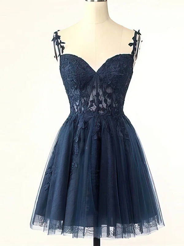 A-line V-neck Tulle Lace Short/Mini Homecoming Dresses With Appliques Lace #Favs020110910