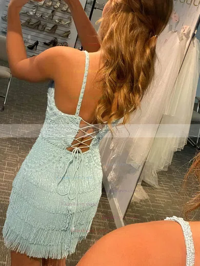 Sheath/Column V-neck Lace Short/Mini Homecoming Dresses With Tiered #Favs020110932