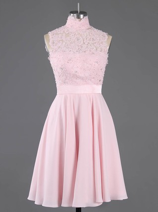 Pretty A-line High Neck Chiffon Short/Mini Appliques Lace Pink Homecoming Dresses #Favs020100684 Pretty A-line High Neck Chiffon Short/Mini Appliques Lace Pink Homecoming Dresses #Favs020100684