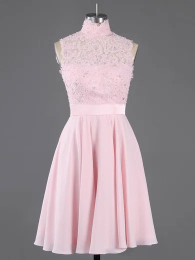 Pretty A-line High Neck Chiffon Short/Mini Appliques Lace Pink Homecoming Dresses #Favs020100684