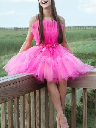A-line Strapless Tulle Short/Mini Homecoming Dresses With Bow #Favs020110943 A-line Strapless Tulle Short/Mini Homecoming Dresses With Bow #Favs020110943