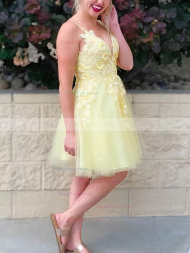 A-line V-neck Tulle Knee-length Homecoming Dresses With Lace #Favs020110953