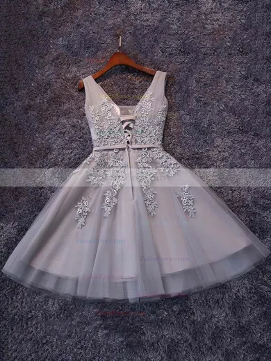 A-line V-neck Tulle Knee-length Appliques Lace Popular Prom Dresses #Favs020102505