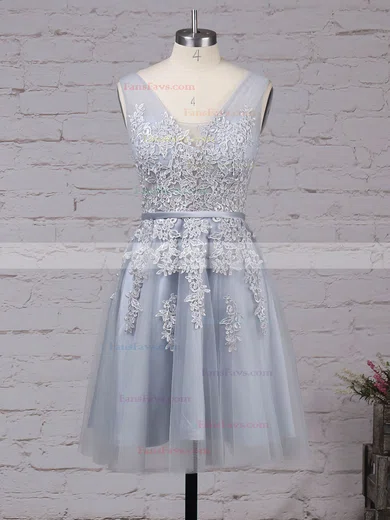 A-line V-neck Tulle Knee-length Appliques Lace Popular Prom Dresses #Favs020102505
