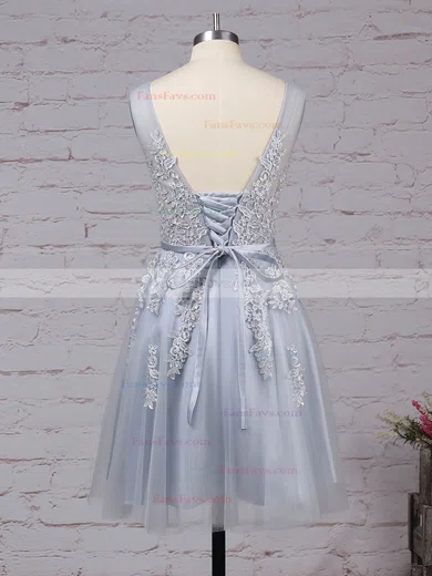 A-line V-neck Tulle Knee-length Appliques Lace Popular Prom Dresses #Favs020102505