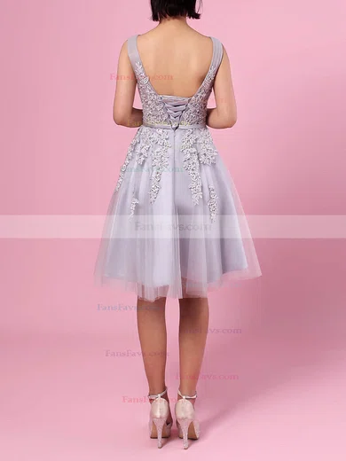 A-line V-neck Tulle Knee-length Appliques Lace Popular Prom Dresses #Favs020102505