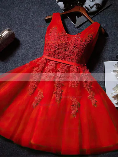 A-line V-neck Tulle Knee-length Appliques Lace Popular Prom Dresses #Favs020102505