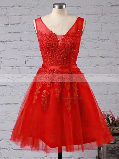 A-line V-neck Tulle Knee-length Appliques Lace Popular Prom Dresses #Favs020102505