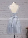 A-line V-neck Tulle Knee-length Appliques Lace Popular Prom Dresses #Favs020102505