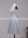 A-line V-neck Tulle Knee-length Appliques Lace Popular Prom Dresses #Favs020102505