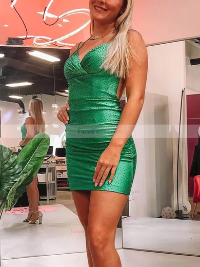 Sheath/Column V-neck Silk-like Satin Short/Mini Homecoming Dresses With Beading #Favs020110954