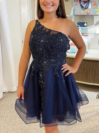 A-line One Shoulder Tulle Short/Mini Homecoming Dresses With Lace #Favs020110959 A-line One Shoulder Tulle Short/Mini Homecoming Dresses With Lace #Favs020110959