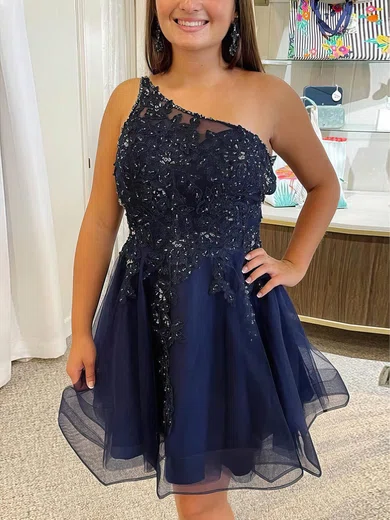 A-line One Shoulder Tulle Short/Mini Homecoming Dresses With Lace #Favs020110959