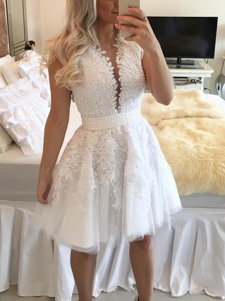 A-line Scoop Neck Tulle Short/Mini Appliques Lace White Classy Prom Dresses #Favs020102569 A-line Scoop Neck Tulle Short/Mini Appliques Lace White Classy Prom Dresses #Favs020102569