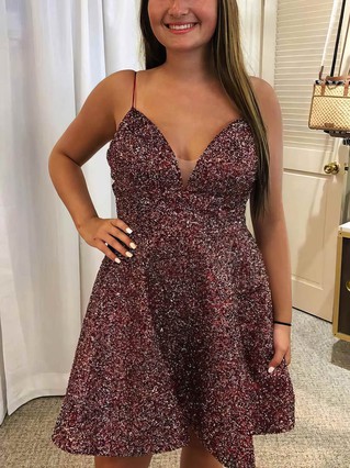 A-line V-neck Sequined Short/Mini Homecoming Dresses #Favs020110988 A-line V-neck Sequined Short/Mini Homecoming Dresses #Favs020110988