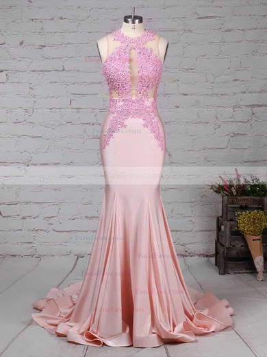 Trumpet/Mermaid Scoop Neck Jersey Sweep Train Appliques Lace Prom Dresses #Favs020104520