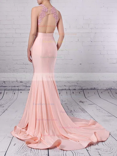 Trumpet/Mermaid Scoop Neck Jersey Sweep Train Appliques Lace Prom Dresses #Favs020104520