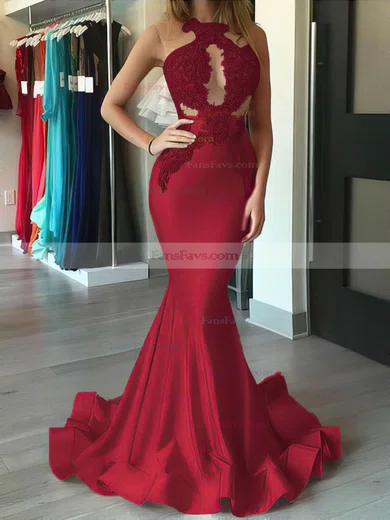 Trumpet/Mermaid Scoop Neck Jersey Sweep Train Appliques Lace Prom Dresses #Favs020104520