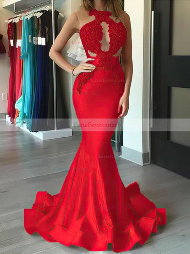 Trumpet/Mermaid Scoop Neck Jersey Sweep Train Appliques Lace Prom Dresses #Favs020104520