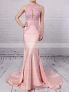 Trumpet/Mermaid Scoop Neck Jersey Sweep Train Appliques Lace Prom Dresses #Favs020104520