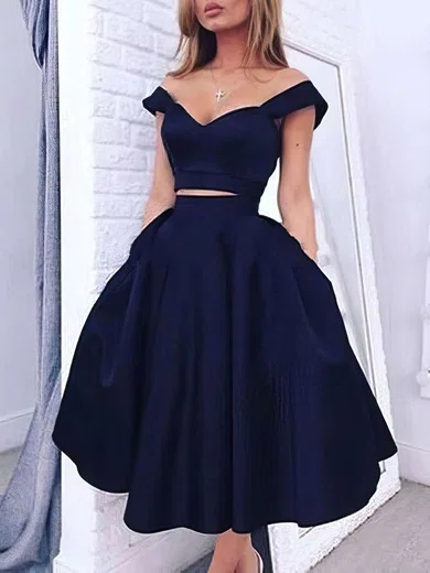 A-line Off-the-shoulder Satin Tea-length Pockets Prom Dresses #Favs020102596