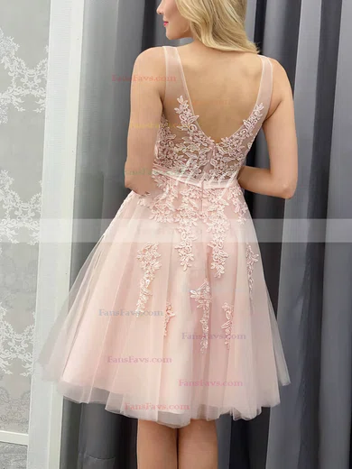 A-line V-neck Tulle Lace Knee-length Homecoming Dresses With Appliques Lace #Favs020111020