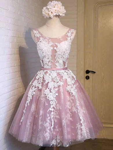 A-line Scoop Neck Tulle Appliques Lace Exclusive Knee-length Prom Dresses #Favs020102736