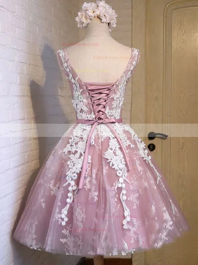 A-line Scoop Neck Tulle Appliques Lace Exclusive Knee-length Prom Dresses #Favs020102736