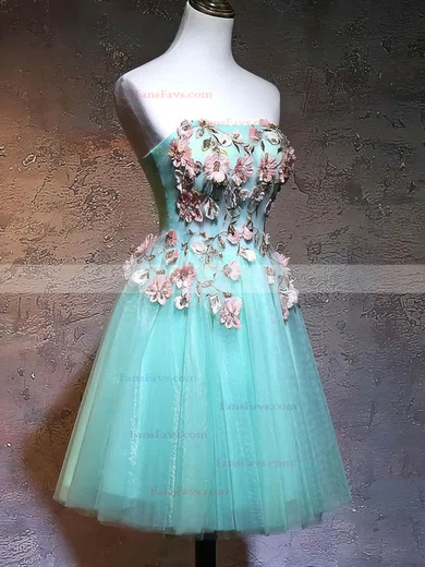 A-line Strapless Lace Tulle Knee-length Homecoming Dresses With Flower(s) #Favs020111039