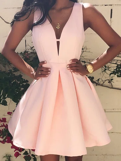 A-line V-neck Satin Short/Mini Prom Dresses #Favs020103512